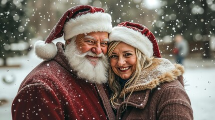 A man and a woman dressed as Santa Claus pose for a picture in the snow