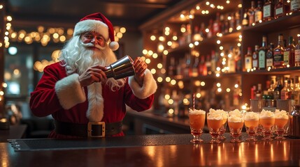 A man dressed as Santa Claus making a drink at a bar