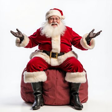 A man dressed as Santa Claus sitting on a bean bag chair