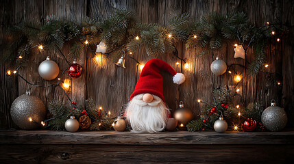 Cozy Christmas scene featuring cheerful gnome in red hat, surrounded by festive decorations, twinkling lights, and ornaments, creating warm holiday atmosphere