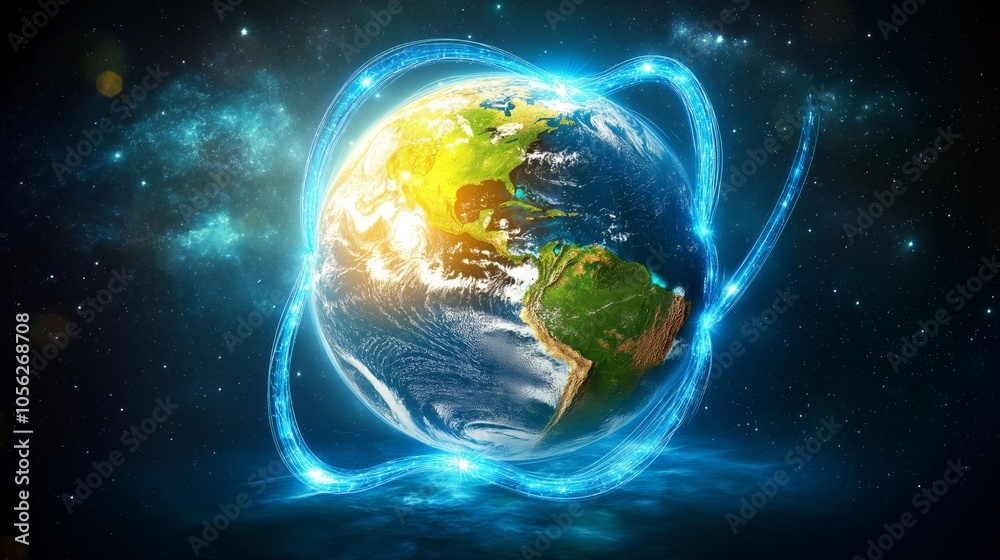 Poster connected globe with blue network lines over north america, symbolizing global communication and dig