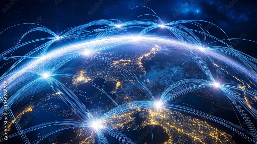 Poster connected global citys with blue network arcs representing digital technology and global communicati