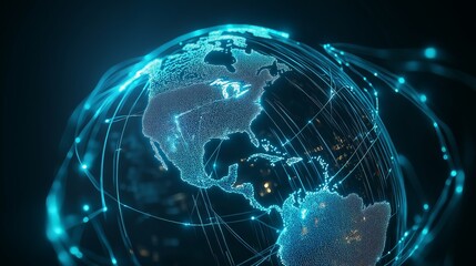 Connected global Citys with Blue Network Arcs Representing Digital Technology and Global Communication, Generative AI