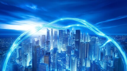  Digital Globe with Network Connections Over a Cityscape, Representing Global Communication and Cyber Technology, Generative AI