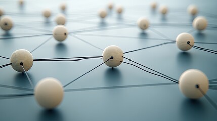 Wooden figures connected by black lines illustrate the concept of social and business networking against a vibrant blue background