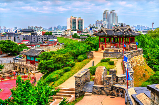 Banghwasuryujeong or Dongbukgangnu Pavilion of Hwaseong Fortress in Suwon, UNESCO world heritage in South Korea - Powered by Adobe