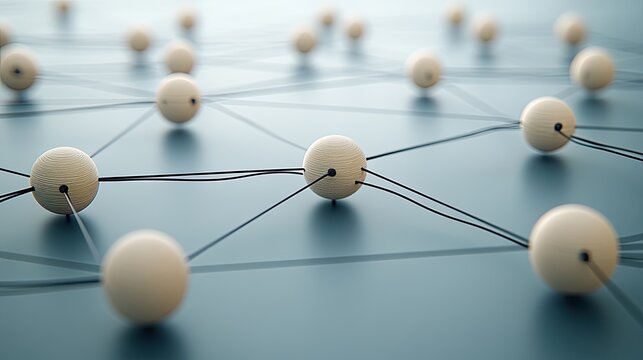 Wooden figures connected by black lines illustrate the concept of social and business networking against a vibrant blue background