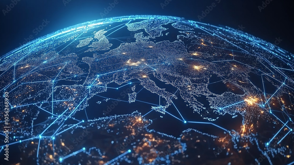 Poster Digital Futuristic Globe with Illuminated Connections, Representing Global Technology and Cyber Network in Abstract Design, Generative AI