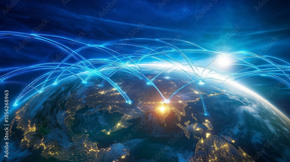 Fototapete Connected global Citys with Blue Network Arcs Representing Digital Technology and Global Communication, Generative AI
