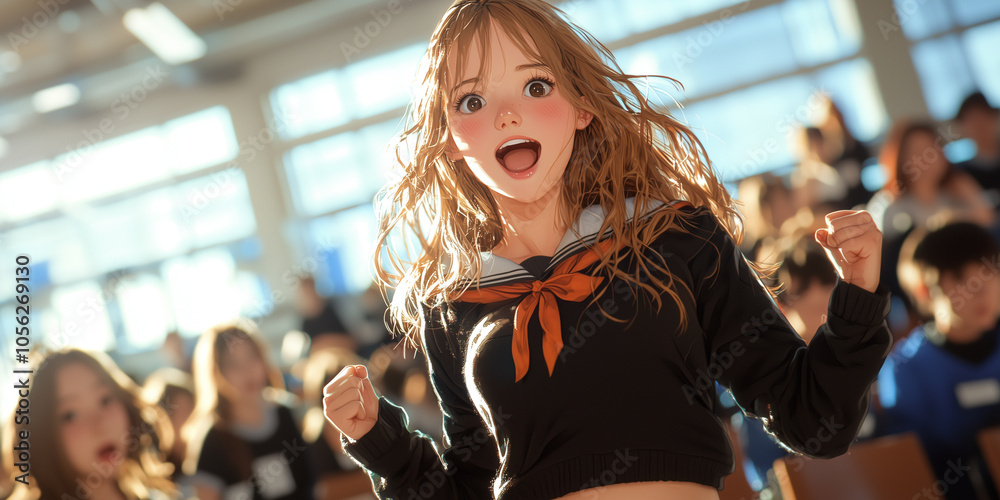 Poster dynamic scene of college girl in classroom, expressing excitement and energy. bright setting and her