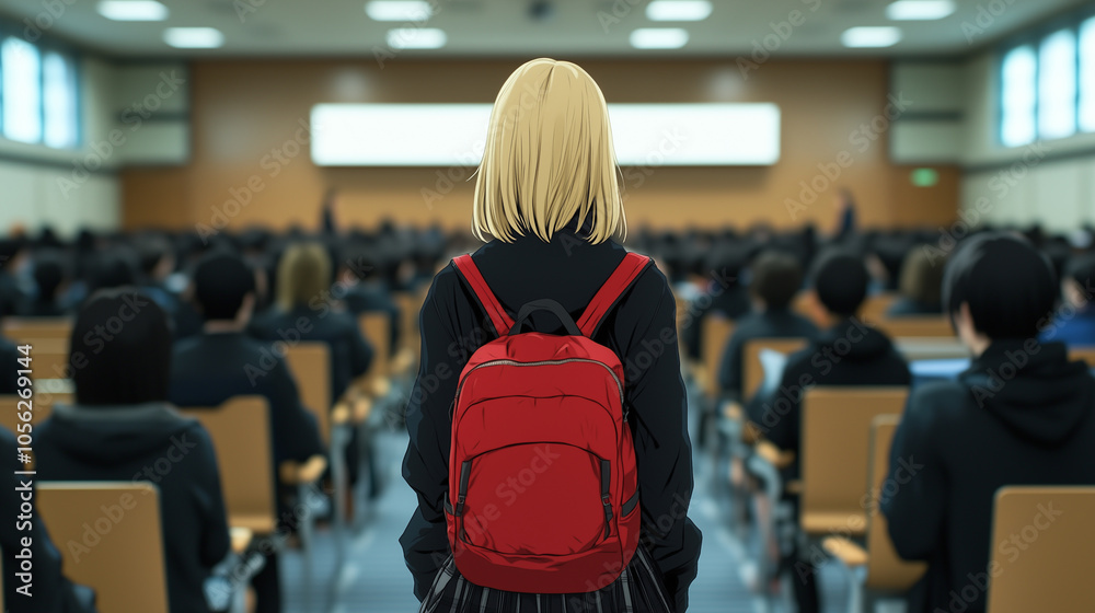 Poster student with red backpack stands in crowded lecture hall, facing front. room is filled with attentive students, creating focused academic atmosphere