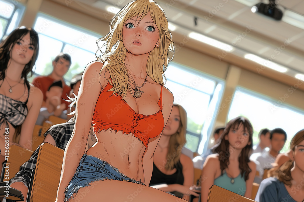 Poster focused college girl in dynamic pose during lecture, surrounded by attentive students in bright clas