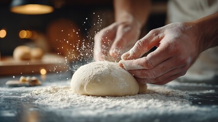 Baker Holding Round Dough Ball Ready for Baking, Representing Traditional Artisan Skills and Fresh Culinary Ingredients, Generative AI