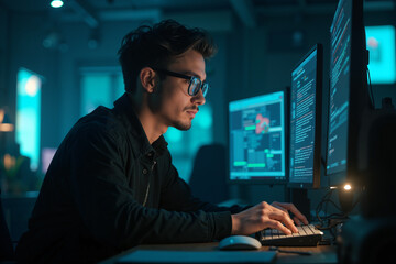 Young man with glasses, wearing a dark jacket and sitting at a desk with multiple computer monitors, suggesting he might be a software developer or IT professional working on complex tasks.