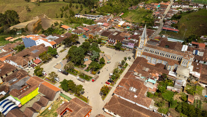 Caramanta, Antioquia - Colombia. October 27, 2024. Aerial view with drone of the municipality located in the southwest.