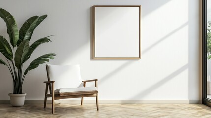 Horizontal blank picture frame displayed in an empty room with a white wall and an armchair on wooden parquet