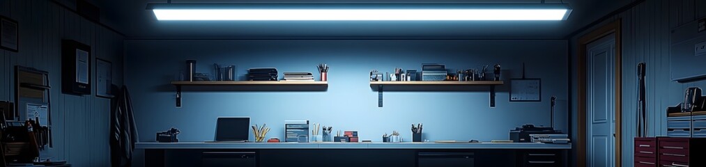 A well-organized workspace with shelves, tools, and a clean surface for projects.