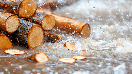 Logs floating in floodwaters create dynamic scene of nature power. splashes and movement of debris highlight impact of heavy rainfall