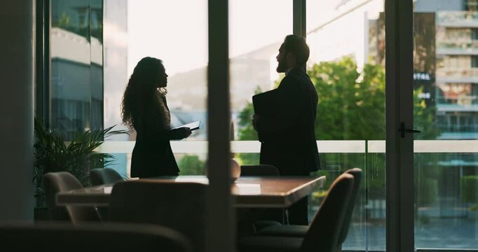 Handshake, silhouette and people in office, deal and partnership for business, thank you and talking. Holding hands, collaboration and colleagues in meeting, welcome and agreement in corporate