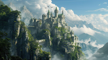 Fototapeta premium Atop a mystical mountain rises a floating castle. White clouds shroud its turrets and suspension bridges, giving it an ethereal appearance.