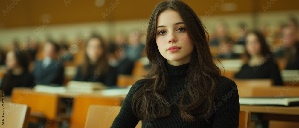 Poster young woman attentively listens in lecture hall, surrounded by other students. setting is academic, 