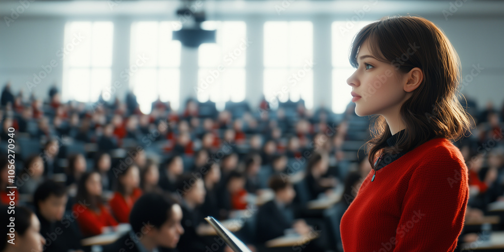 Poster focused college student in red sweater stands attentively in large lecture hall, surrounded by classmates. atmosphere is dynamic and engaging, highlighting academic environment
