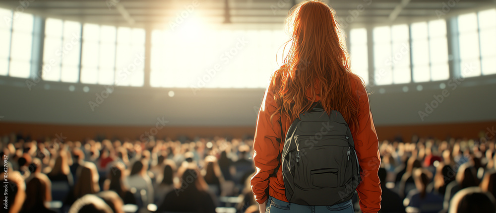 Poster student with backpack stands in sunlit auditorium, facing large audience. atmosphere is dynamic and 
