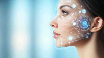 Obraz premium Innovative Beauty Analysis, Young Woman Undergoing Digital Skin Scan 