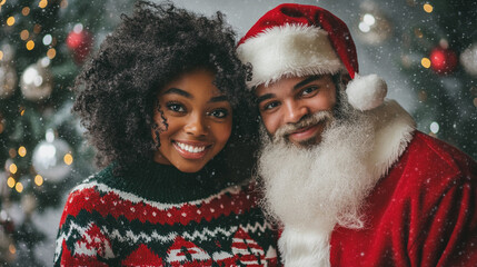 Xmas vibes  - holiday season - merry christmas - happy smiling young black woman wearing ugly christmas sweater waiting for Santa Claus - horizontal banner