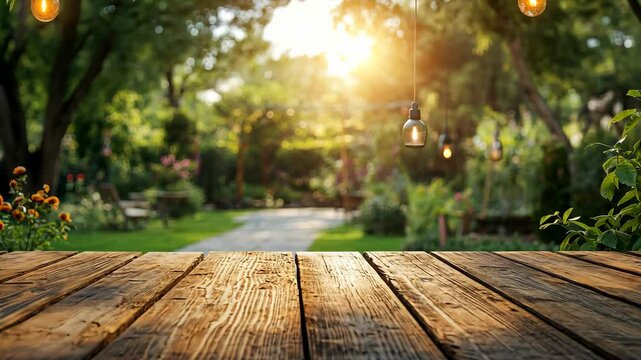 Empty wooden table with party in garden background blurred. and beautiful natural scenery view Video
