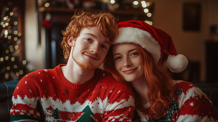 Xmas vibes - holiday season - merry christmas - happy smiling young redhead couple wearing ugly christmas sweater waiting for Santa Claus - horizontal banner