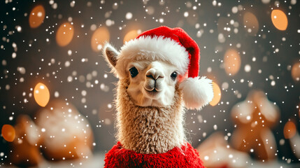 Xmas vibes - christmas mood - happy funny cute llama / alpaca  wearing santa claus hat in front of christmas tree. Horizontal banner.