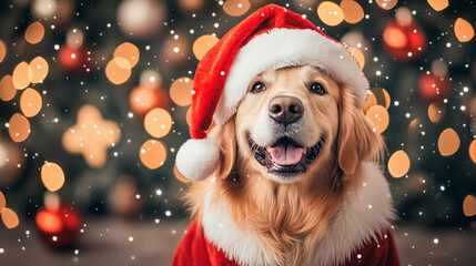 Xmas vibes - christmas mood - happy funny cute labrador / golden retriever wearing santa claus hat in front of christmas tree. Horizontal banner.