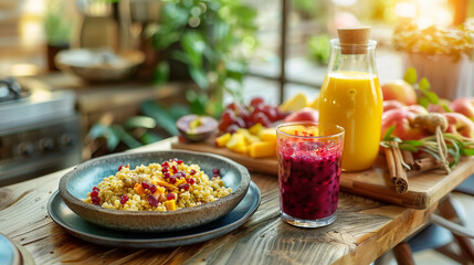 A delicious and healthy meal is prepared with quinoa, fruit, and smoothies in a rustic kitchen setting