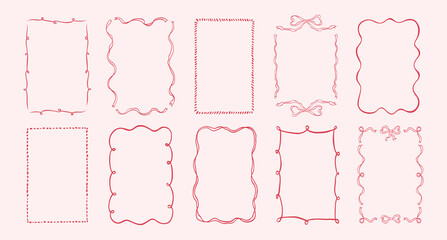 Doodle hand drawn frames with wavy lines, bows and ribbons. Minimalist simple line art. Trendy vintage whimsical borders for wedding invitations, birthday card, prints. Vector modern illustration.