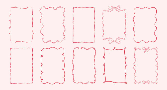 Doodle hand drawn frames with wavy lines, bows and ribbons. Minimalist simple line art. Trendy vintage whimsical borders for wedding invitations, birthday card, prints. Vector modern illustration.