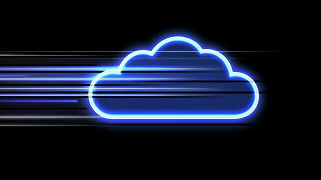 A neon blue cloud icon streaks across a black background, representing the speed of cloud computing