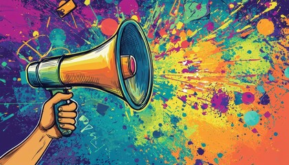 Marketing Megaphone: A hand holds a megaphone against a marketing and sales themed background, emphasizing promotional efforts.