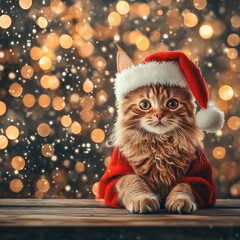 Xmas vibes - christmas mood - happy funny cute mainecoon cat wearing santa claus hat in front of christmas tree. Vertical banner for instagram