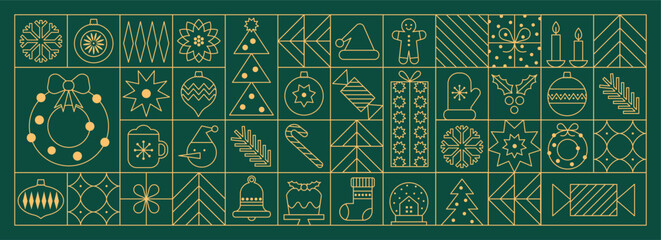 Merry Christmas and Happy New Year geometric background in line style. Modern pattern with minimalist Christmas gold line icons. Trendy luxury Xmas design for banner, card, cover, poster.