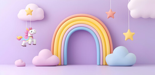 Whimsical Pastel Rainbow and Unicorn Scene with Clouds and Stars on Soft Purple Background – Children’s Fantasy Illustration