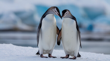 Two penguins are standing close to each other on a snowy surface. They are both facing the camera, and their beaks are touching. The scene is calm and tranquil