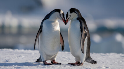 Obraz premium Two penguins are standing close to each other on a snowy surface. They are both facing the camera, and their beaks are touching. The scene is calm and tranquil