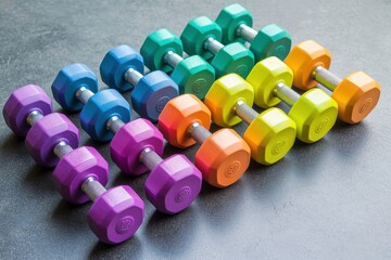 Vibrant Colorful Dumbbells in Neat Arrangement on Dark Surface