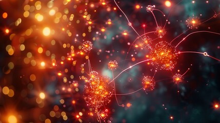 Obraz premium Abstract Red and Orange Glowing Orbs Connected by Thin Lines in a Dark Background