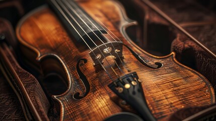 Fototapeta premium Antique violin with a beautiful wood finish is laying in its open case, ready to be played. The warm lighting creates a sense of appreciation for the instrument