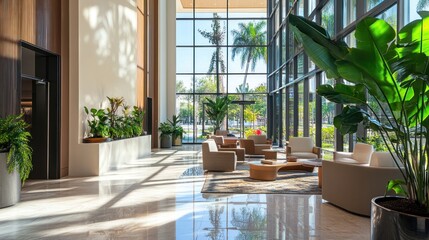 Modern Lobby with Natural Light and Greenery