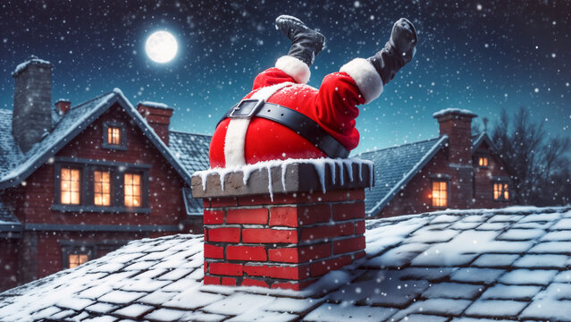 Santa Claus stuck upside down in chimney, humorous Christmas scene with snowy rooftops, full moon, and cozy lit windows in background. Holiday mishap concept.