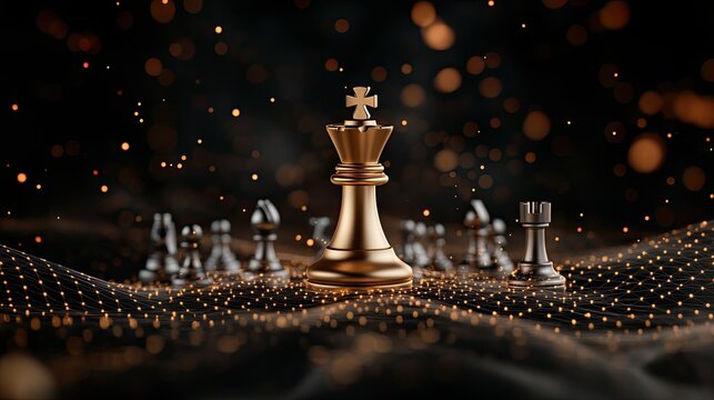 A golden chessboard features prominent pieces connected by glowing blue lines, emphasizing strategic concepts in a digital space