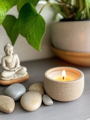 A serene arrangement featuring a lit candle, smooth stones, a Buddha statue, and lush greenery, creating a calming ambiance.